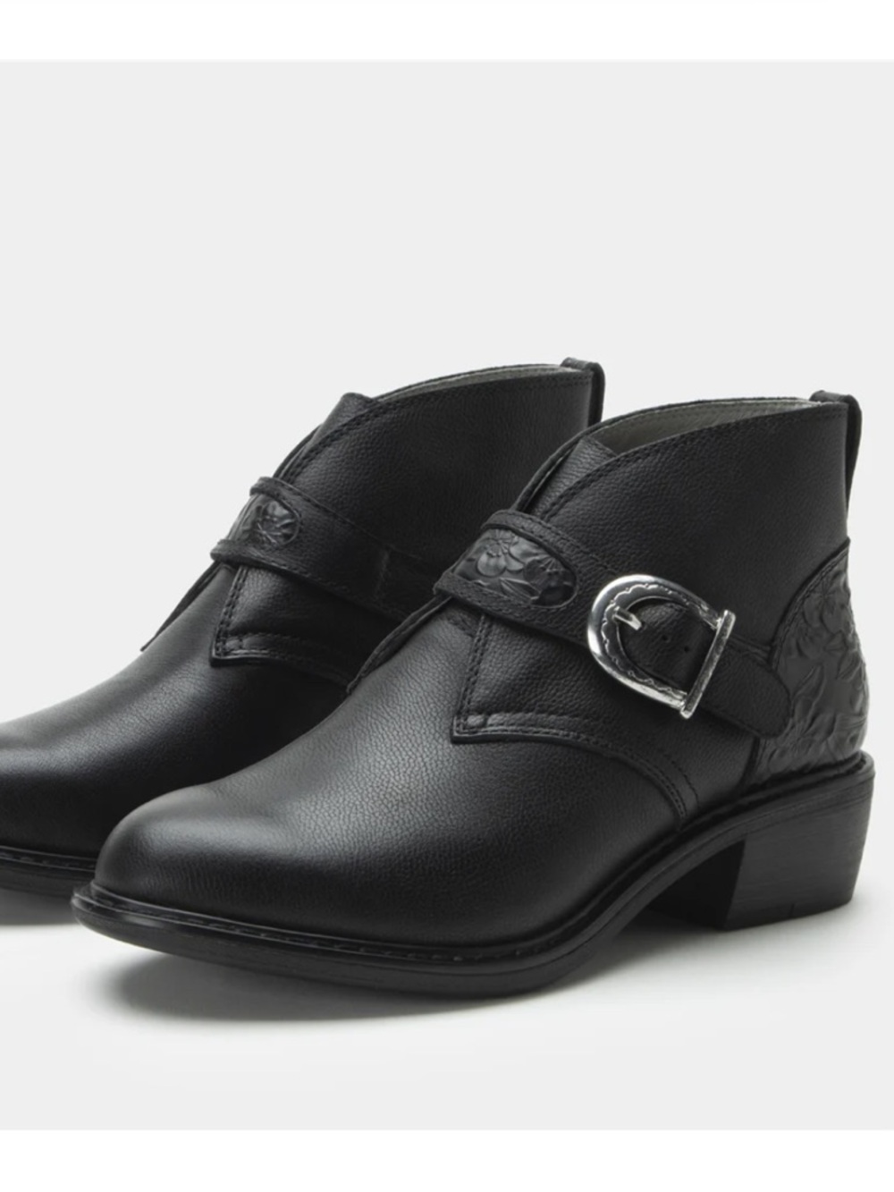 NWT ALEGRIA Mikki black leather buckle ankle boots Loretta Crow 8 1/2 NEW IN BOX